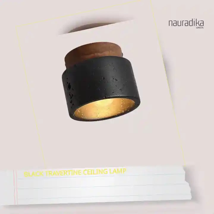 Stylish Black Travertine Ceiling Lamp illuminating a modern space, ideal for corridors and balconies.