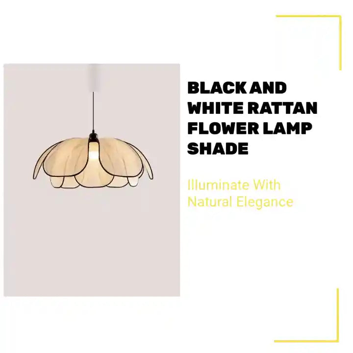 Black and White Rattan Flower Lamp Shade illuminating with natural elegance.