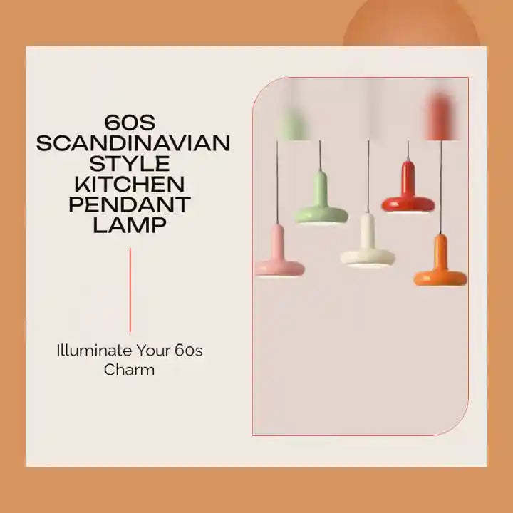 60s Scandinavian Style Kitchen Pendant Lamp hanging above a stylish backdrop with colorful shades inspiring retro charm.
