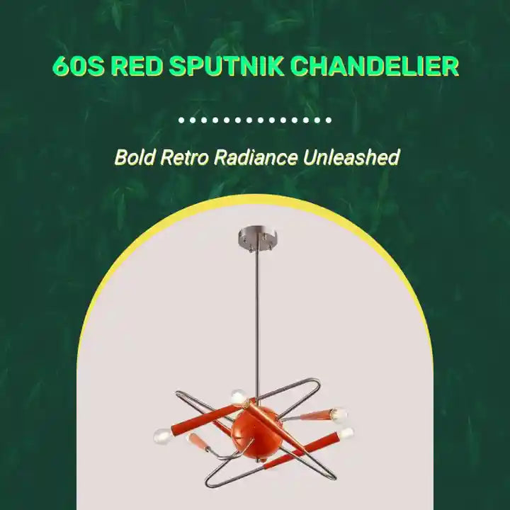 Bold red-orange 60s Red Sputnik Chandelier with mid-century modern design, perfect for retro interiors, crafted from durable iron.