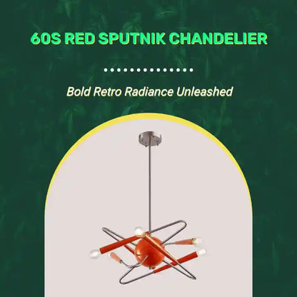 Bold red-orange 60s Red Sputnik Chandelier with mid-century modern design, perfect for retro interiors, crafted from durable iron.