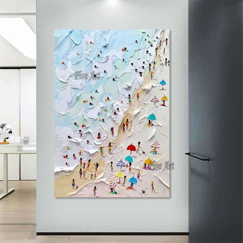 The Beach Joys Wall Art Hand Painted Extra Large 3D Heavy Textured Painting Knife Palette Beach Painting Navy high quality Blue Ocean Wall Art Home Decor